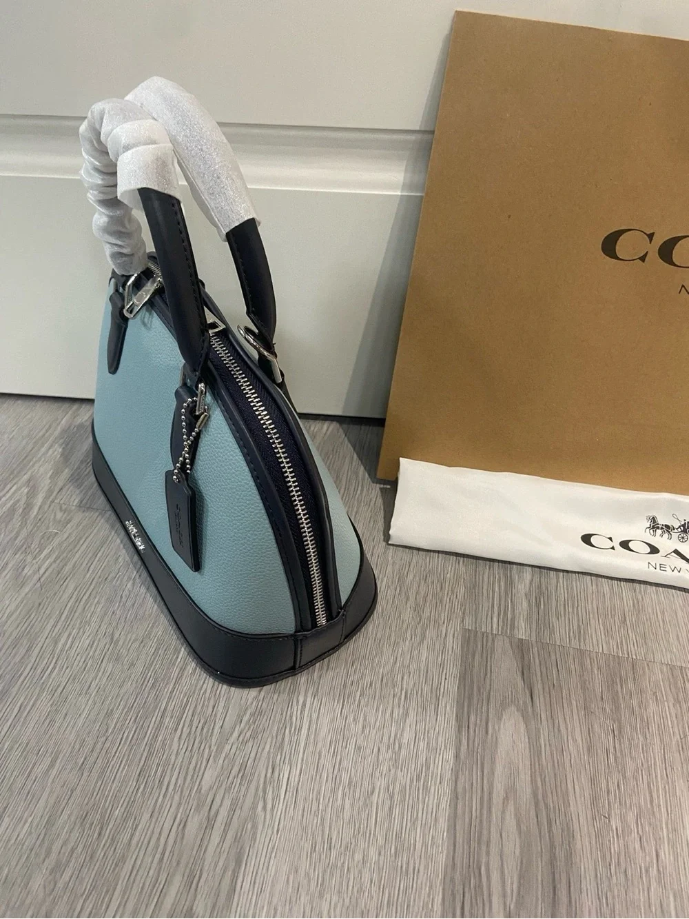 Coach Dome Satchel in Light Blue and Black Pebbled Leather